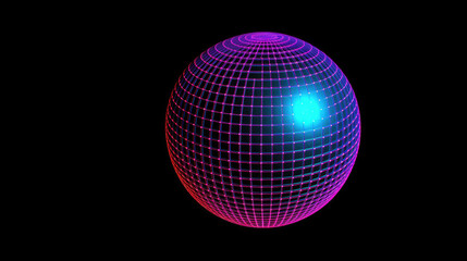 Vibrant pink and blue neon grid sphere glowing on black background