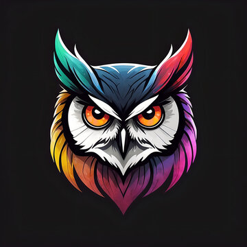 Brightly watercolour painted owl head logo Isolated on a black background 