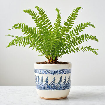 Illustration of potted kangaroo fern plant white flower pot Microsorum diversifolium isolated white background indoor plants
