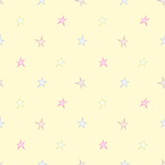 Delicate stars on a yellow background. Seamless watercolor pattern. Children's party, baby shower, birthday. Design for wallpaper, cards, wrapping paper, stationery.