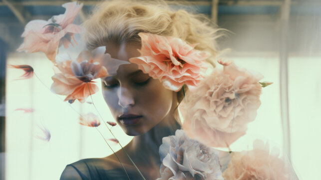 Woman profile with flowers in head, concept of mental health, double exposure
