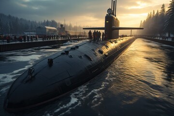 Fototapeta premium A nuclear submarine in the sea on the surface.