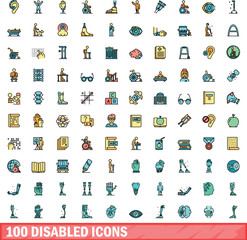 100 disabled icons set. Color line set of disabled vector icons thin line color flat on white
