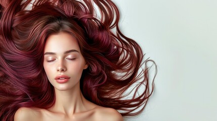 girl with Flowing Auburn Hair in a light color Top Against a Light Background