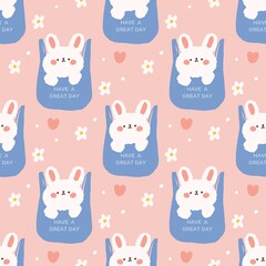 Fototapeta premium seamless pattern Kawaii bunny in bag on pink background.