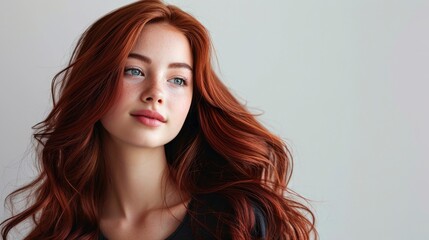 girl with Flowing Auburn Hair in a dark color Top Against a Light Background - obrazy, fototapety, plakaty
