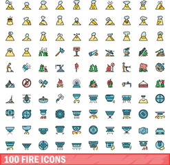 100 fire icons set. Color line set of fire vector icons thin line color flat on white