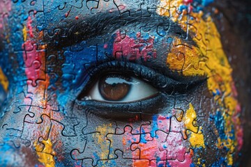 The face of a beautiful girl in colorful paint from a puzzle. 3d illustration