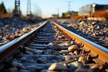 Close-up perspective view of railroad tracks.