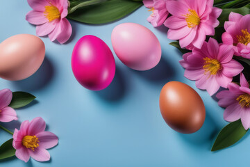 Obraz na płótnie Canvas Colorful Easter eggs and blooming pink flowers on light blue background.