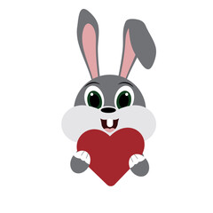 rabbit holding a red heart. Cute rabbit with heart. Grey bunnit. Character upper body . White background. Minimalist illustration. Cute little bunny holding love heart. - Stock vector