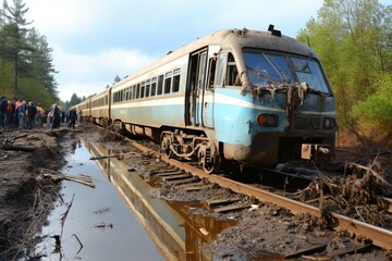 Old abandoned and already rusty train. A missile strike attack on the civilian population during the war.