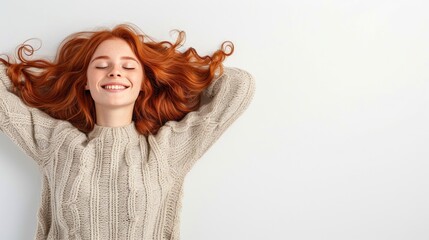 girl with Flowing Auburn Hair in a light color Top Against a Light Background - obrazy, fototapety, plakaty