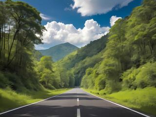 Naklejka premium A Majestic Landscape Along the Asphalt Road, Where Vast Green Forests Meet the Clear Blue Sky. Nature's Tranquil Beauty Captured in a Breathtaking Photograph.