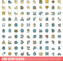 100 gym icons set. Color line set of gym vector icons thin line color flat on white