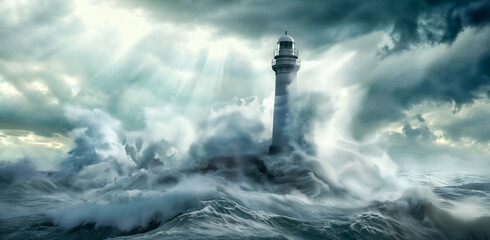 Lighthouse In Stormy Landscape. Waves crashing around lighthouse