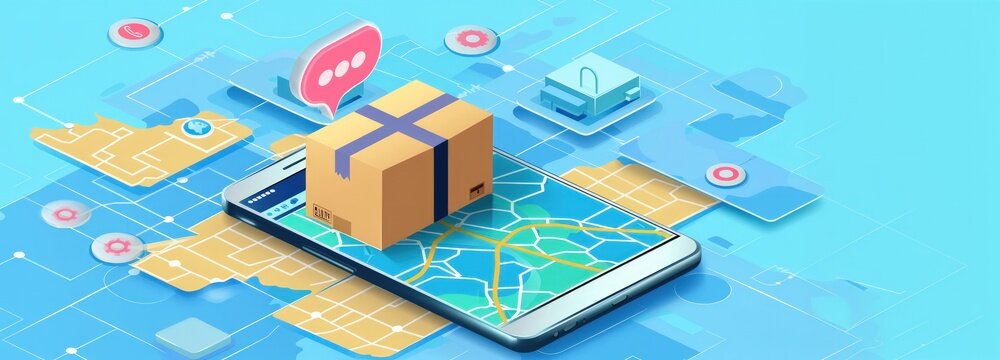 Online delivery package shipping on mobile phone with tracking with map. AI generated image