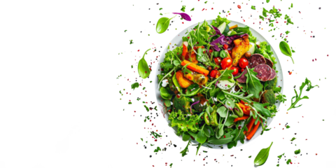 South African style salad with ingredients such as biltong, avo and sweet potato, on a white background.