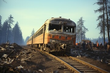 old and abandoned rusty train. A missile strike attack on the civilian population during the war.