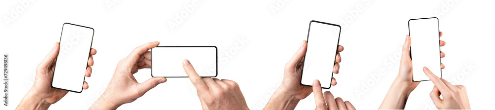 Poster mobile phone mockups set, smartphone screen mock up frame in hand isolated on white background