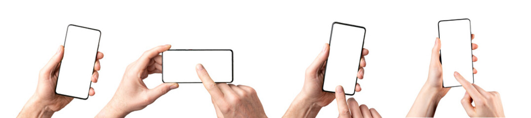 Mobile phone mockups set, smartphone screen mock up frame in hand isolated on white background - obrazy, fototapety, plakaty