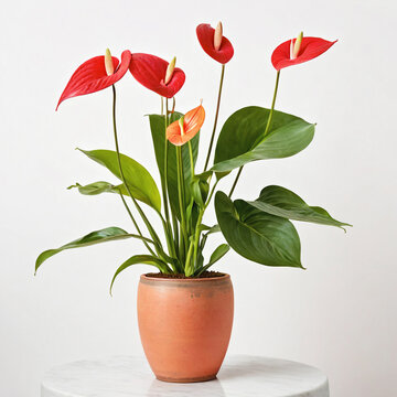 Illustration of potted flamingo lily plant white flower pot Anthurium andraeanum isolated white background indoor plants
