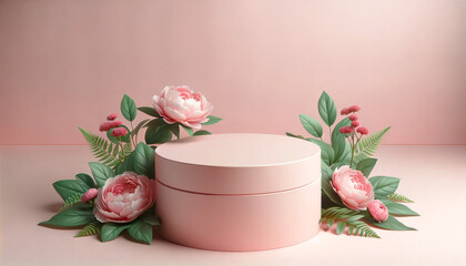 Fototapeta na wymiar Elegant pastel pink product podium surrounded by lush peonies and tropical leaves on a matching pink background. Generative AI