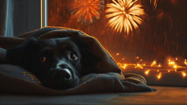 dog hiding under a blanket afraid of fireworks