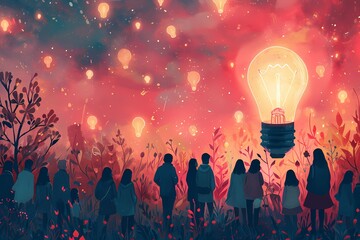 A group of mesmerized individuals marvel at the dazzling display of an outdoor light bulb, reminiscent of the explosion and wonder of fireworks - obrazy, fototapety, plakaty