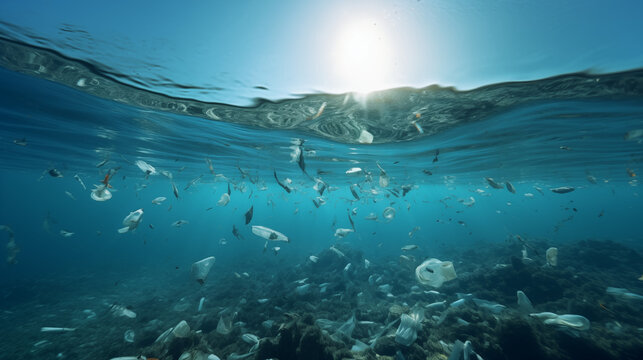 Plastic waste garbage floating on the ocean underwater picture environment
