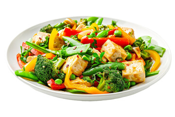 vegetable stir-fry with tofu, bell pepper, broccoli and peas in a healthy and attractive vegetarian dish on a white background