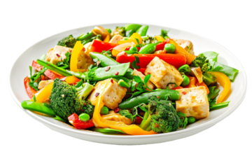 vegetable stir-fry with tofu, bell pepper, broccoli and peas in a healthy and attractive vegetarian dish on a white background