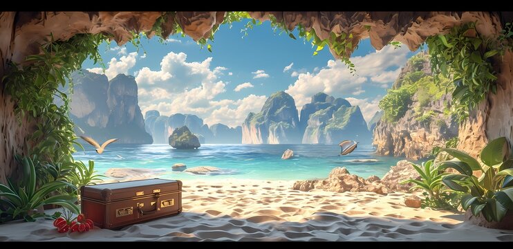 A lone suitcase rests on the sandy beach, surrounded by crashing waves, rocky cliffs, and a serene sky, a perfect subject for a picturesque painting of the tranquil island landscape