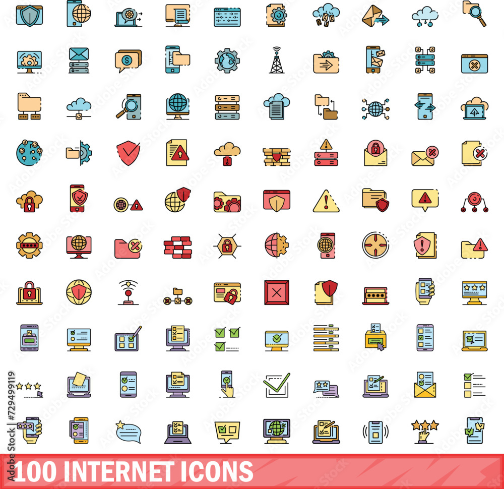 Wall mural 100 internet icons set. color line set of internet vector icons thin line color flat on white