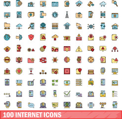 100 internet icons set. Color line set of internet vector icons thin line color flat on white