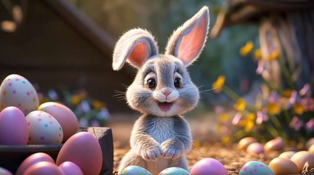 Animated Rabbit Amidst Colorful Easter Eggs in a Warm Outdoor Setting, Celebrating Easter Joy