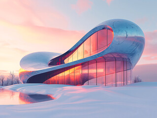 Futuristic building situated in a snowy landscape. The building is pink and resembles a curvy shape. The sky is pink, and the surrounding are covered in snow, creating a serene winter scene.