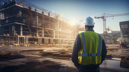 Back view of an engineer looking at a building site