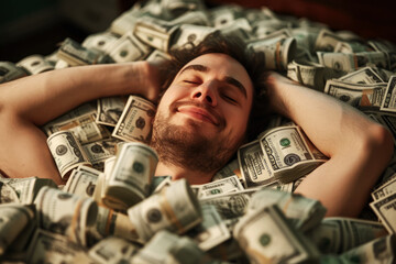 Happy, rich man sleeping in money - 729499582