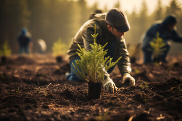 Volunteers team planting trees