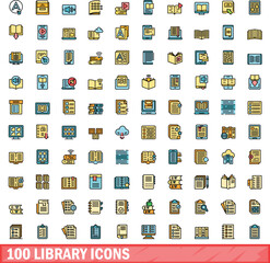 100 library icons set. Color line set of library vector icons thin line color flat on white