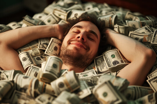 Happy, rich man sleeping in money