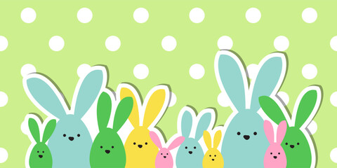 Celebration Greeting Easter card, colorful easter bunny family on polka dot background