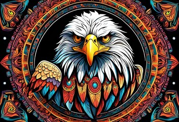 Colorful eagle head mandala arts isolated on black background