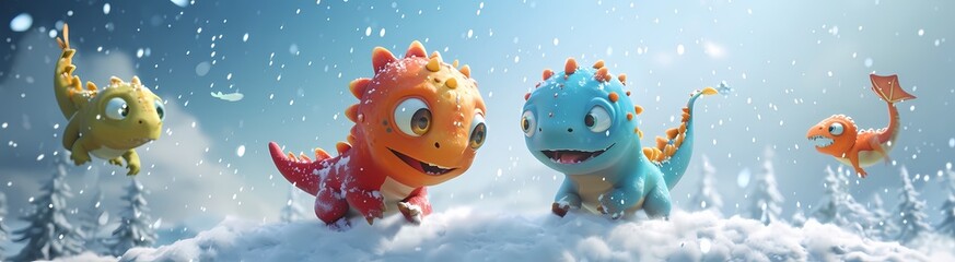 Two lively dinosaurs bring a winter wonderland to life in a playful and vibrant animated cartoon set in the snowy landscape - obrazy, fototapety, plakaty