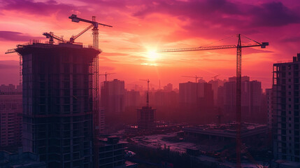 View of a building site with sunset in the background 