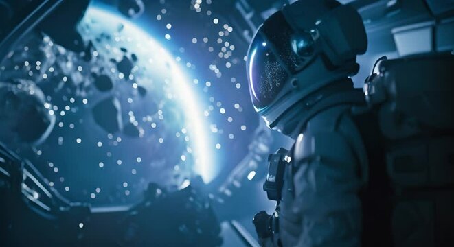 Astronaut looking at stars from the window of a spacecraft. The concept of space and exploration.