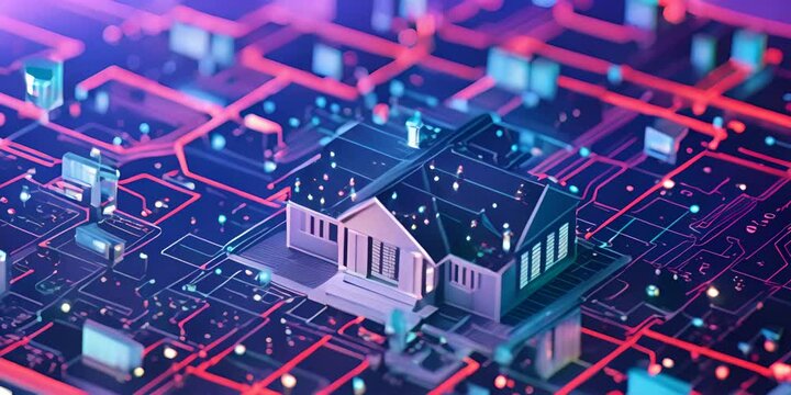 Model of a house on a digital interface, symbolizing the integration of technology and housing construction. The concept of smart home