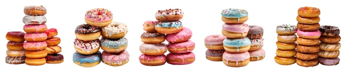Pile group stack tower of round donut doughnut, with sprinkles nuts topping frosting on transparent background cutout, PNG file. Many assorted different. Mockup template for artwork