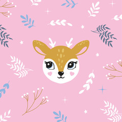 Illustration of cute deer, fawn. Baby, child, cute portrait. Little face, little animal, pet. Brown character, colorful graphic. Stickers, wall art, kids room decoration, cutie full face, small fawn